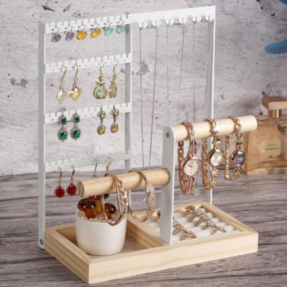 4-Tier Earring Holders & Necklace Towers - Jewelry Organizer w/ Velvet Ring Tray - Picture 2 of 11